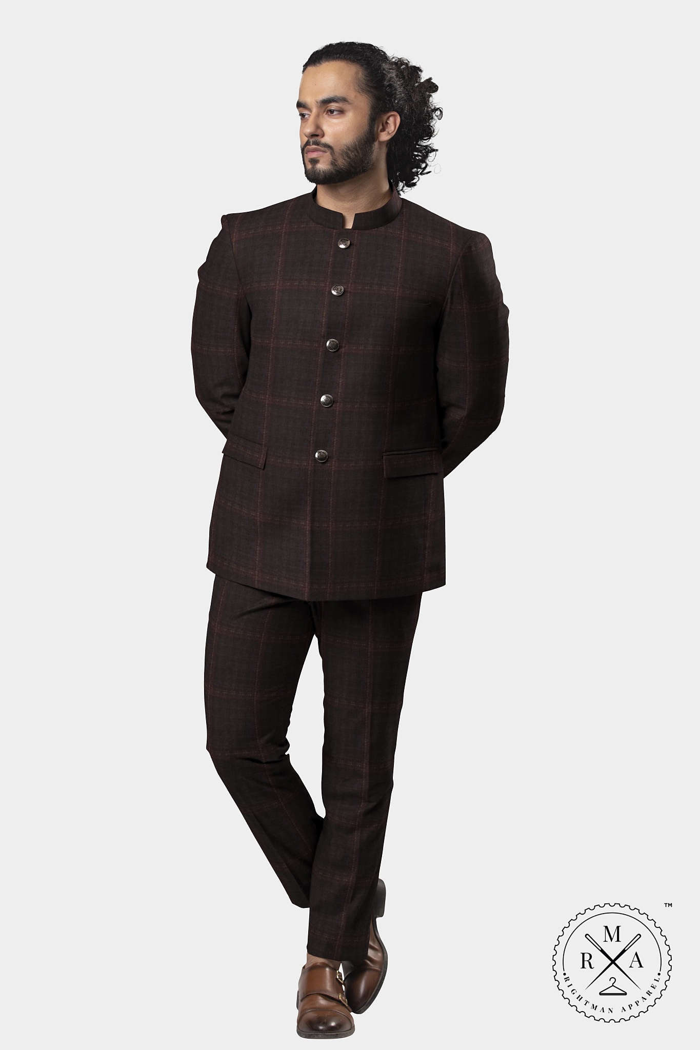 Brown TR Jodhpuri Suit With Chocolate Checks SU22